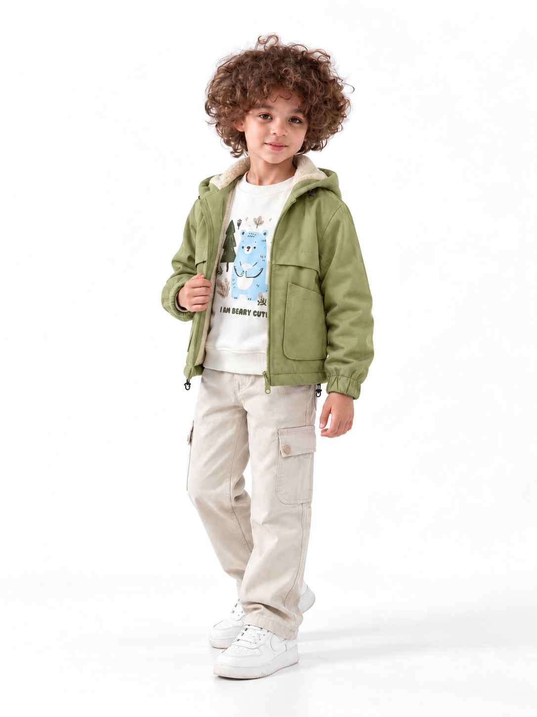 Child in pistachio green jacket-3 طقم أولادي شتوي BRANU من ثلاث قطع - الصورة 1
