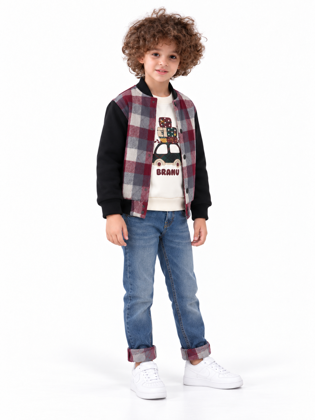 Curly-haired child in argyle varsity outfit-2 طقم اولادى شتوى BRANU من 3 قطع - الصورة 1